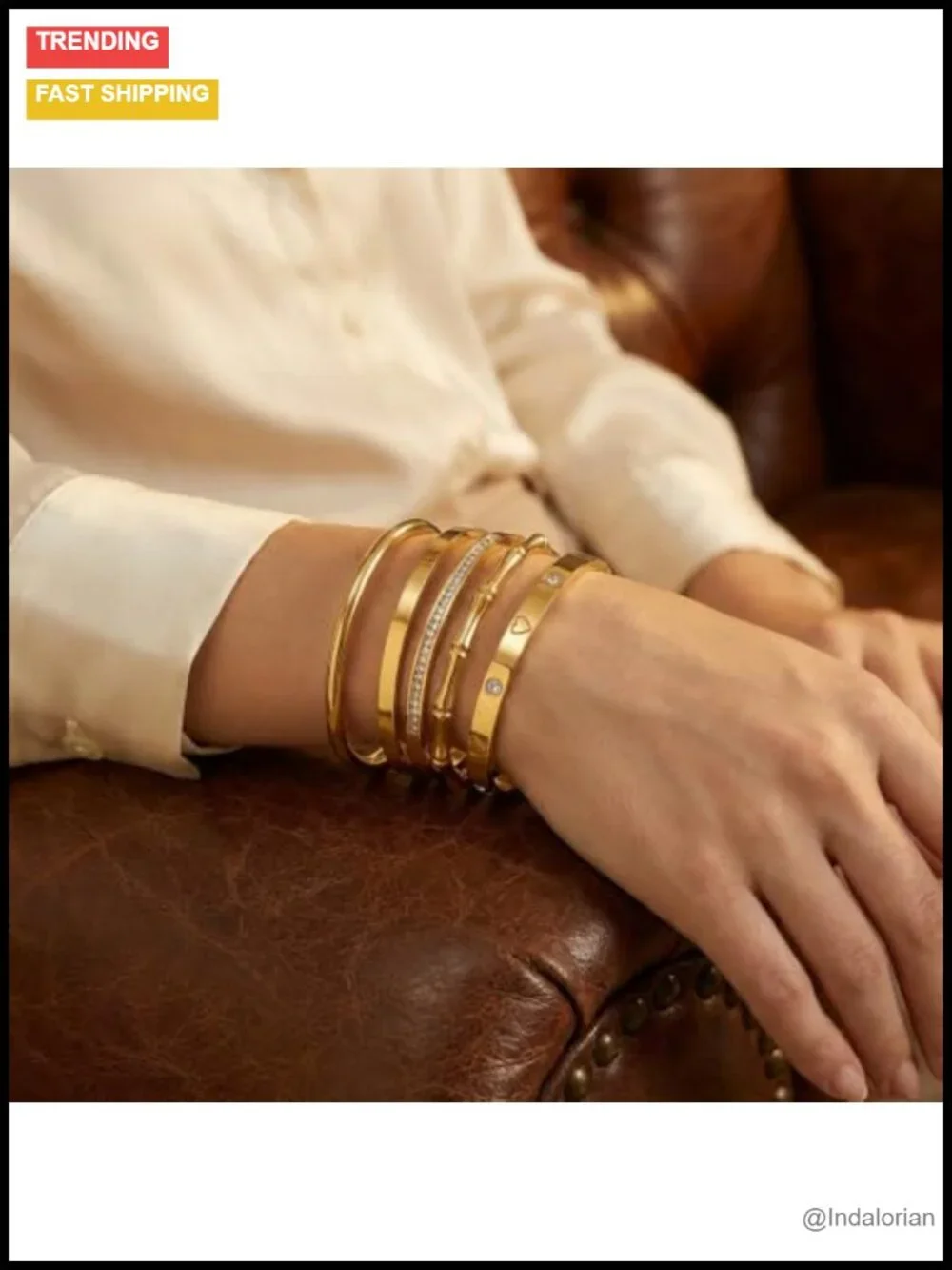 18K Gold Plated Bangle Bracelets Waterproof Stackable Stainless Steel Set